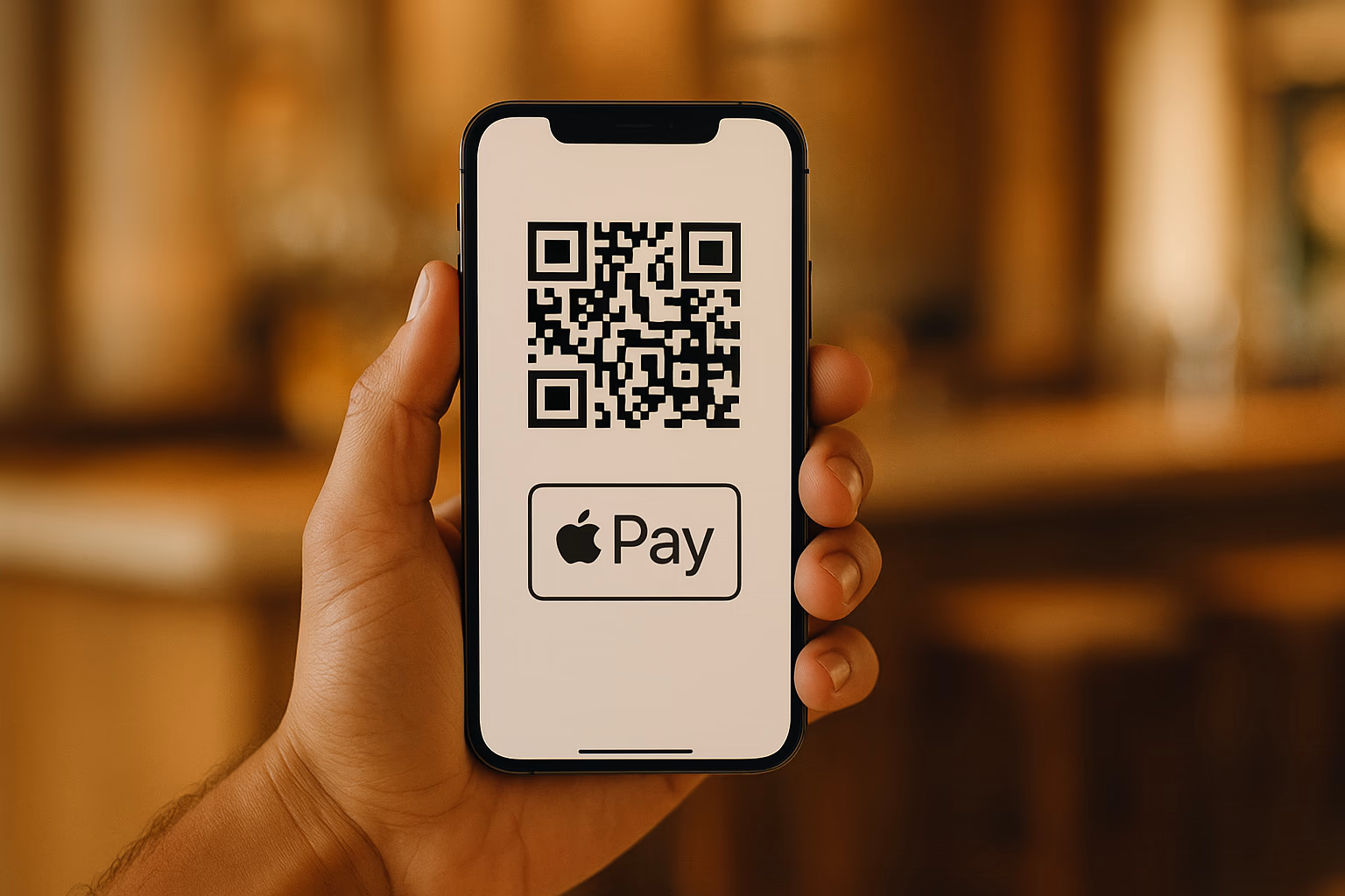 An iPhone with an open Apple Pay payment sheet next to a SipSmart QR sticker on a wooden table inside a guesthouse.