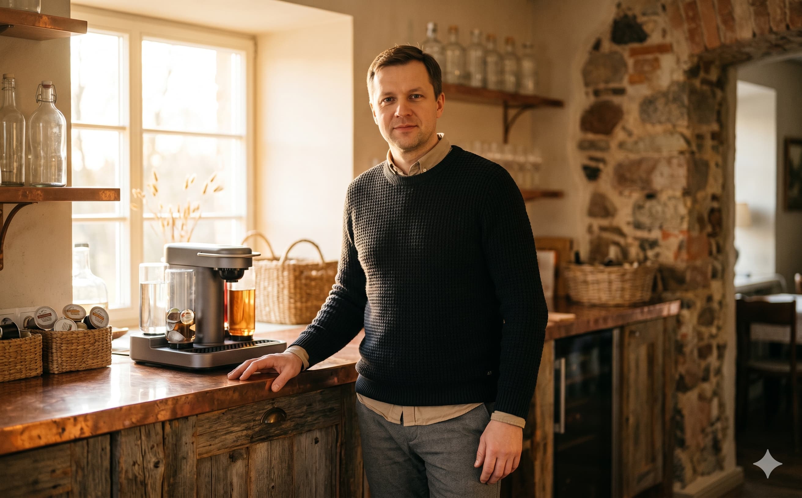 Ivo Čapiņš in a guesthouse kitchen where a SipSmart QR code is installed